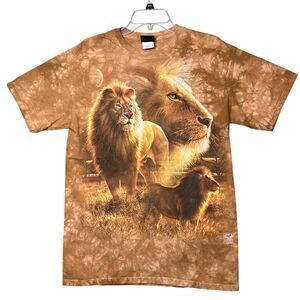 Vintage Liquid Blue Shirt Mens Medium Brown Lion Graphic Tie Dye Big Cat 2000s